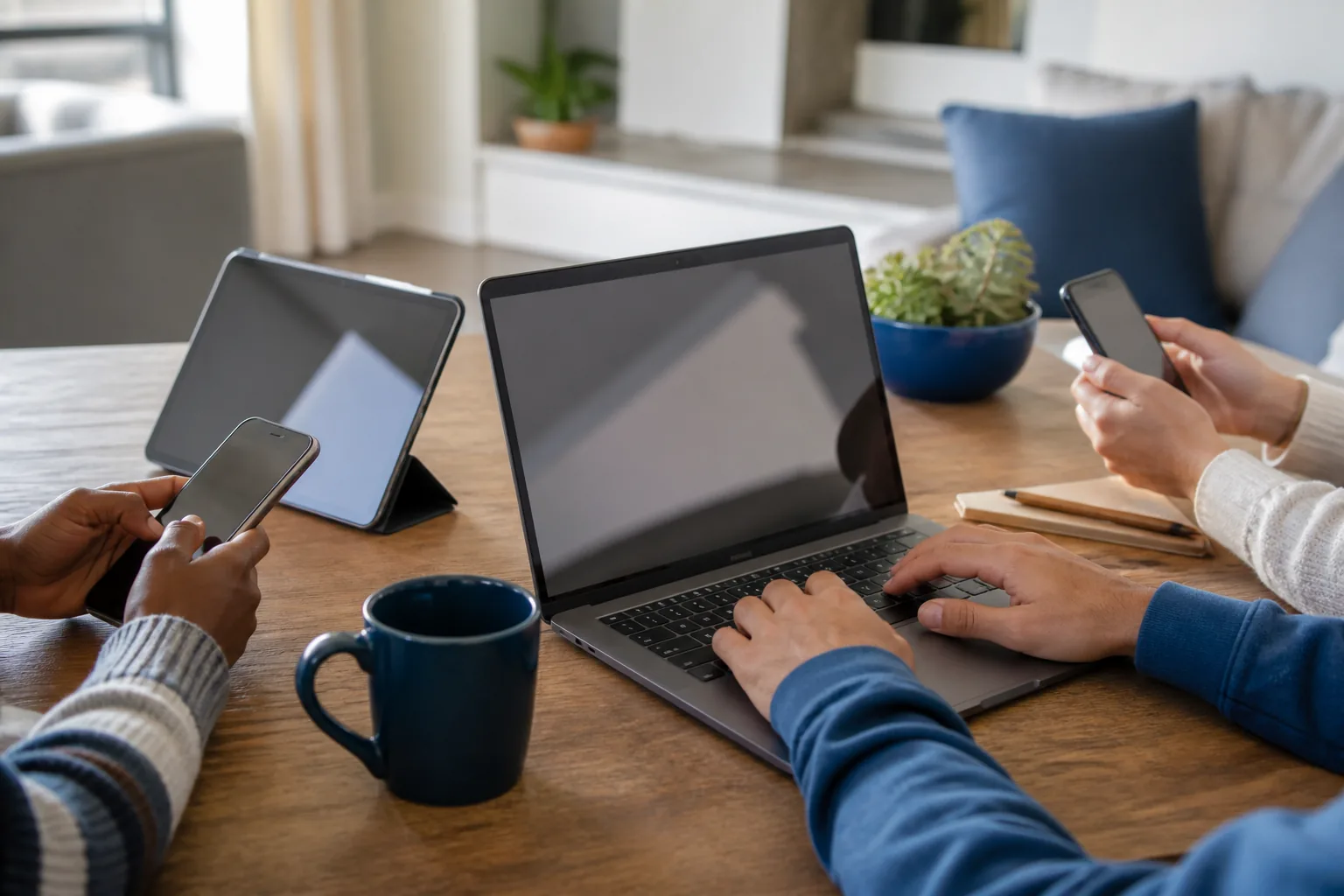 Household members using several digital devices at a shared table