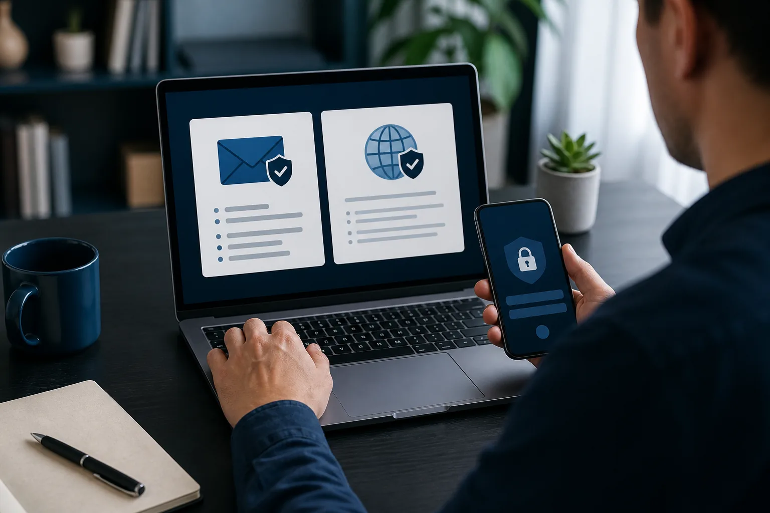 Person reviewing email and web safety while using a phone for account security